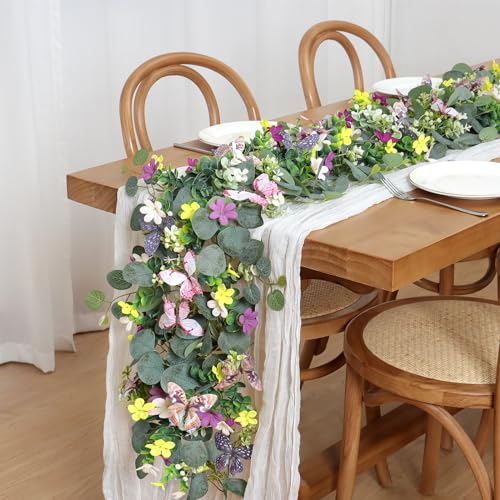 ASTNIC 4 Pack 5.68 FT Artificial Daisy Garland with 3D Butterfly, Hanging Fake Flowers Greenery Eucalyptus Garland Floral ...