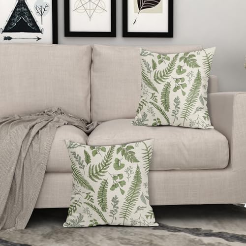 Sage Green Leaf Plant Pillow Covers 20X20 Inch Set of 2 Tropical Fern Herbs Botanical Leaves Floral Decorative Pillow Case...