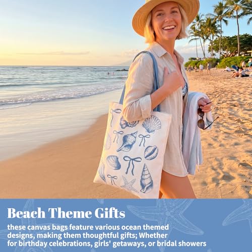 Reginary 6 Pcs Coastal Canvas Tote Bags with Pocket Summer Beach Themed Gifts Blue Seashell Starfish Conch Coral Pattern