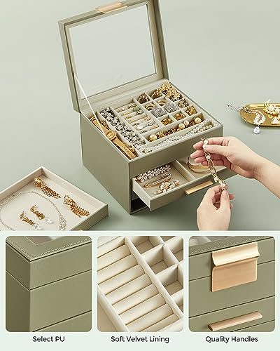 SONGMICS GISELLA Collection - Jewelry Box Organizer, 4-Layer Jewelry Storage with 3 Drawers, Shiny Metal Hardware, Glass L...