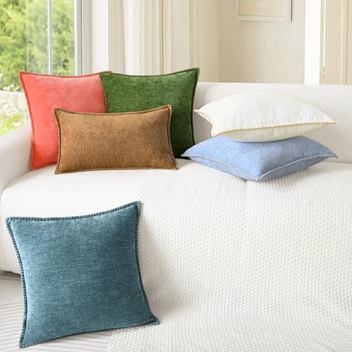 CaliTime Throw Pillow Covers Decorative 18 X 18 Inches Pack of 2 Cotton Thread Stitching Edges Solid Dyed Soft Chenille Cu...