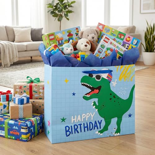 Joliloly 13" Happy Birthday Gift Bag, Dinosaur Print Sturdy Thick Paper Bag for Kids, Reusable Birthday Present Bag with T...