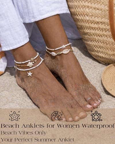 iF YOU Ankle Bracelet Set for Women, 14k Gold Waterproof Seashell Pearl Heart Starfish Conch Link Chain Anklets Set, Boho ...