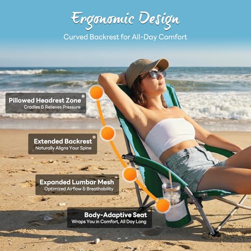 NEWBULIG Low Beach Chair – Folding Camping Chair for Adults, Low Profile Lawn Chair with Cup Holders & Carry Bag, Extra Wi...