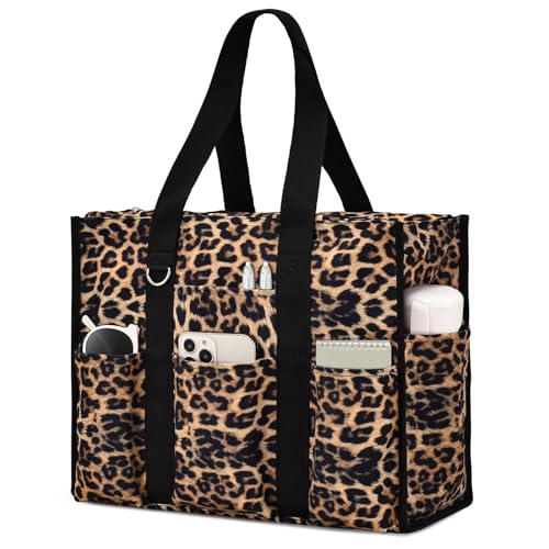 Becokan Large Tote Bag for Women Waterproof with 12 Pockets Top Zipper Closure Utility Teacher Nurse Bags for Work School