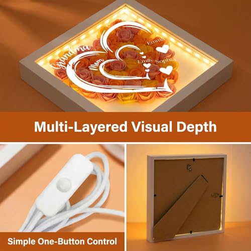 XSGIFTS Personalized Mom Grandma Flower Shadow Box With LED Light, Custom Rose Heart Frame With Kids Names, Mother's Day B...