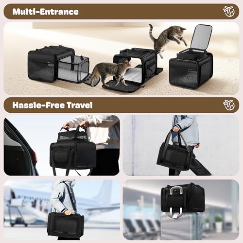 Top and 2 Sides Expandable Pet Carrier 17x11x9.5, TSA Airline Approved Small Dog Carriers for Small Dogs, Soft-Sided Cat C...