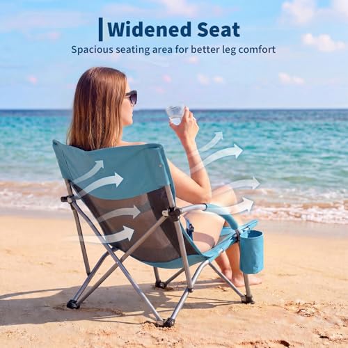 Garvee Low Beach Chair 2 Pack, Folding Portable Beach Chairs for Adults, Lightweight Extra Wide Seat Chair with Cup Holde...