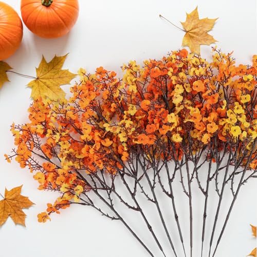 HIAGROW 8Pcs Babys Breath Artificial Fake Fall Flowers, Real Touch Orange Yellow Plants Silk Flowers for Vase Home Office ...