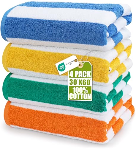 Utopia Towels Pack of 4 Cabana Beach Towels, Oversized 30 x 60 Inches Cotton Beach Towel Set, Smooth Ring Spun Texture for...