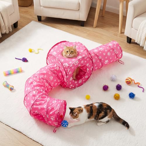 Leitee 40 Pcs Cat Toys Kitten Toys Assortments, Variety Toy Set Including 3 Pink Cat Paws Way Tunnel, Cats Feather Teaser,...