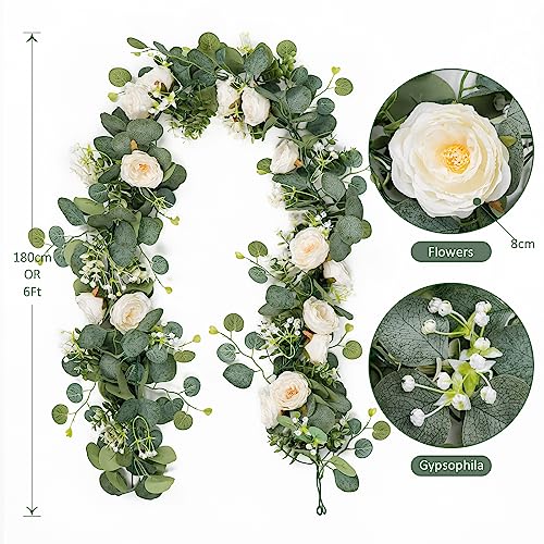 TOCHGREEN 2 Pack 13Ft Artificial Eucalyptus Flower Garland with White Roses, Fake Rose Flower Greenery Garland Floral Vine...