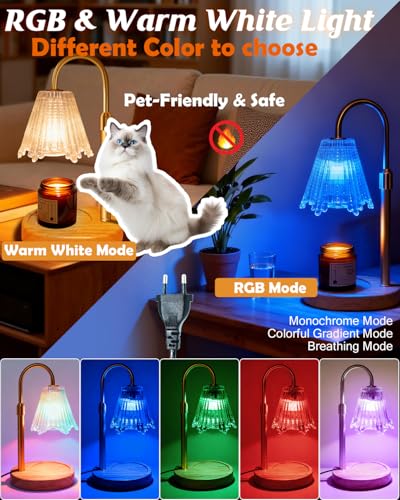 Miisiya RGB Candle Warmer Lamp with Timer, Dimmer Adjustable Height Candle Melt Lamp Gold Flower Wax Warmer for Wax Melt B...