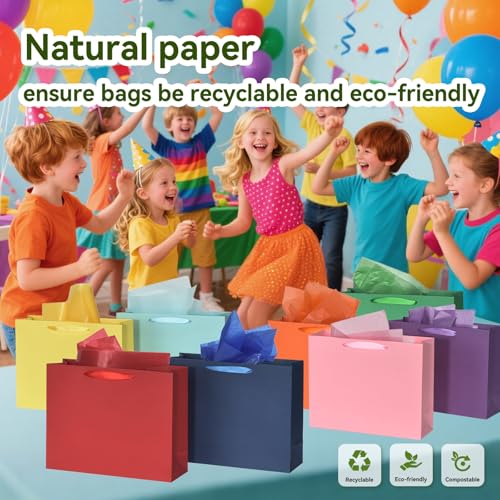 WrapNGo 8 PCS Gift Bags with 16 Tissues 8 Colors Party Favor Bags with Handles 14x4.5x11 Inch Goodie Bags for Valentine's ...