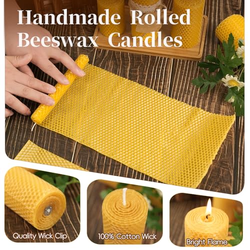 Pure Beeswax Pillar Candles,3 Pack Hand-Rolled Natural Beeswax Candles(1.77x3in,2x4in,2x6in) 60 Hours Burning Unscented Be...