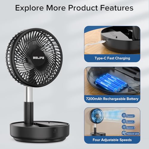 Belife X8 Portable Fan, 7200mAh Battery Powered Rechargeable, Oscillating USB Desk Floor Fan with Remote, Foldable Telesco...