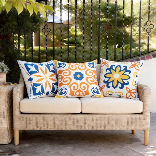 Decodella Outdoor Waterproof Throw Pillow Covers Pack of 2 Floral Printed Boho Farmhouse Sunbrella Cushion Covers for Pati...