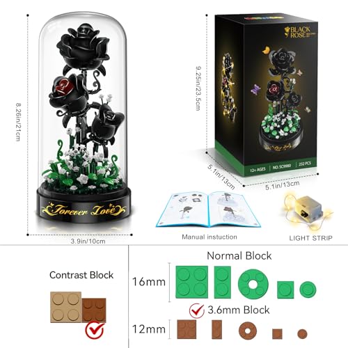 HiWEEGO Flower Building Set with LED Light - 232 PCS Black Rose Building Blocks Kit with Dust Cover, Gift for Mothers Day ...