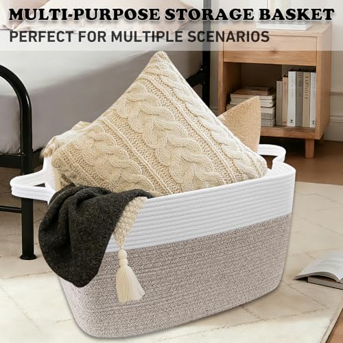 HZFTJOY Large Blanket Basket,Woven Rope Basket Storage Bin with Handles,65L Rectangle Laundry Basket for Magazines,Toys,Cl...