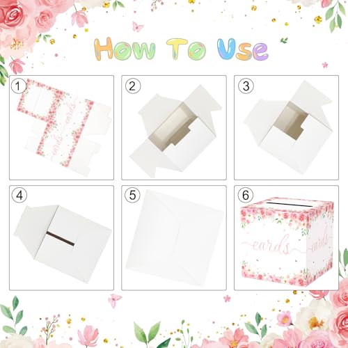 QISOLIY Pink Floral Card Box for Party, White Gift Card Holder & Money Box with Watercolor Flowers for Wedding, Bridal Sho...