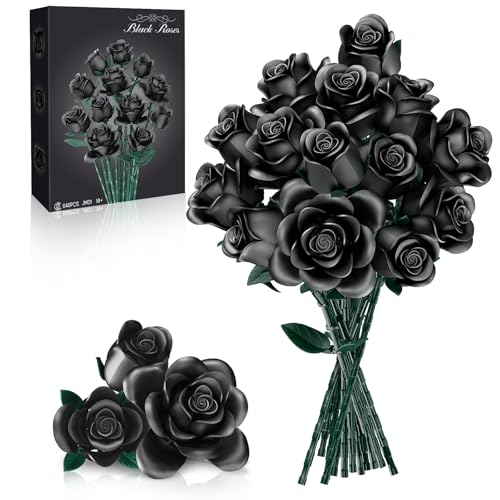 CLMTAS 12 PCS Black Roses Bouquet Building Set, Eternal Artificial Flowers, Gothic Retro Botanical Collection Decor Flowe...