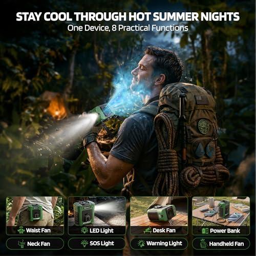Waist Fan, 10000mAh Rechargeable Belt Clip Fan, 59ft/s Airflow, 18500RPM 6-Speed, Up to 35H, 8-in-1 Hands-Free Personal Co...