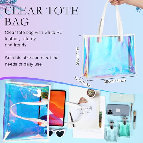 Aliceset Holographic Clear Tote Bag with Leather Handle Iridescent Bachelorette Beach Bag for Work Stadium Travel | with L...