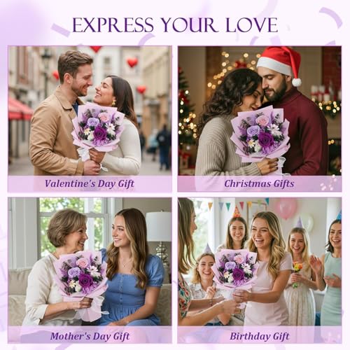 Flowers for Delivery Prime Preserved Flowers Bouquet with Vase That Last 3-5 Years Real Forever Flowers Purple Rose Bouque...