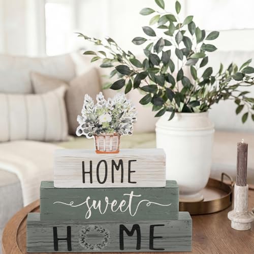 Cinnvoice 4 Pcs Farmhouse Wooden Tabletop Decor Green Eucalyptus Leaves Spring Rustic Tiered Tray Decor Home Sweet Home Ta...