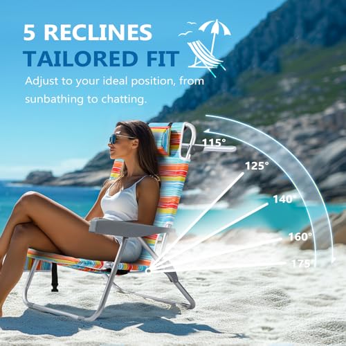 PASAMIC Backpack Beach Chairs for Adults 2 Pack Portable, Lay Flat Reclining Beach Chairs with 5 Positions, Tall Heavy Dut...