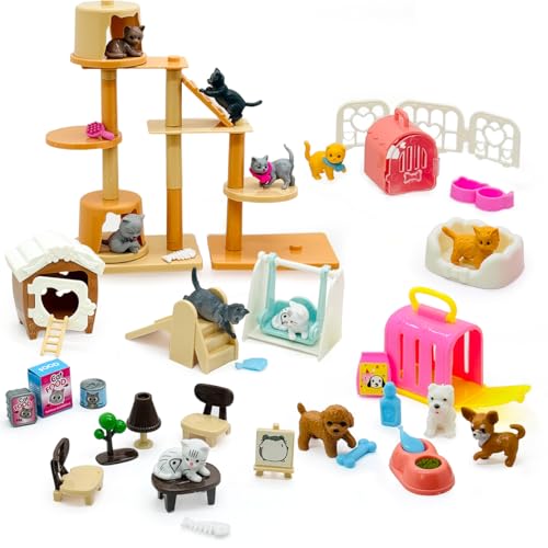60PCS Realistic Cat & Dog Figures Playset - Educational Pet Pretend Play Toys for Kids Ages 3+, Role Play Kit with Animal ...