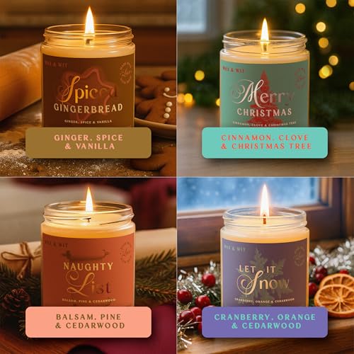 Wax & Wit Christmas Candles Gift Set Scented, Winter Holiday Set of 4 Pack Candle - Natural Coconut Soy Candles, 180+ Hr B...