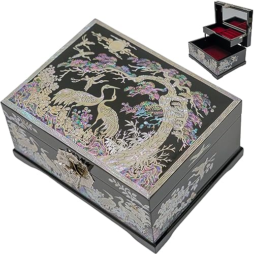 February Mountain Mother-of-Pearl Crane Jewelry Box | Wooden Make | Two-Layer Velvet Interior | Mirror Lid | Lacquer Finis...