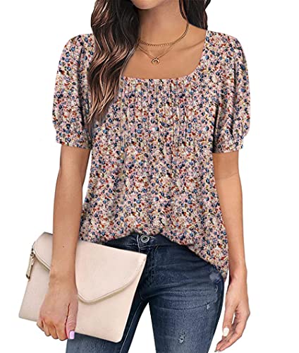Zwurew Women's Summer Casual Puff Short Sleeve T-Shirts Square Neck Pleated Flowy Trendy Tunic Tops for Leggings S-2XL