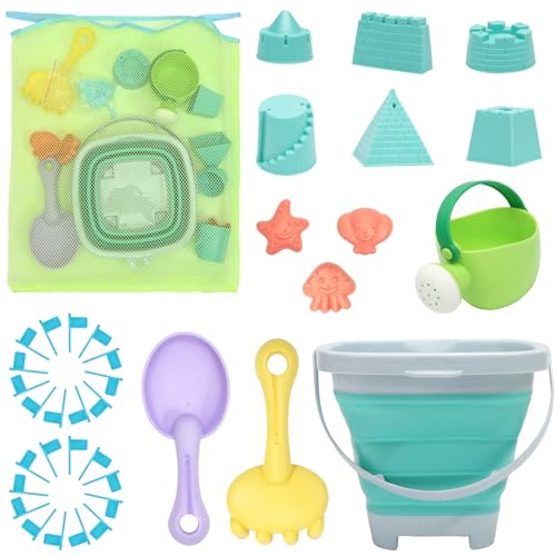 RACPNEL Beach Toys Sand Set for Kids, Collapsible Bucket and Shovels with Mesh Bag, Molds, Flags, Sandbox Kids Toddlers, T...