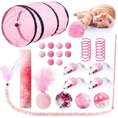 Foilswirl 24 Pcs Cat Toys Set Interactive Kitten Toys Pack Including Collapsible Play Tunnel Feather Teaser Wand Fuzzy Bal...