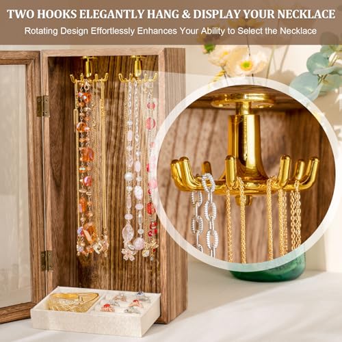 SINGLBA Necklace Holder Organizer, Wooden Jewelry Box for Women Girls, Rotatable Jewelry Organizer Case with Ring Tray Dis...