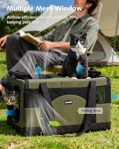 Pecute Dual Compartment Pet Carrier for Multi-Cat Families & Small Dog Owners, Collapsible Dog Crate with Reinforced Steel...