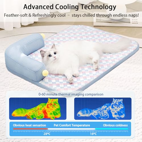 Lunale All-Season Ice Fabric Cat Bed with Cushioned Pillow/Play Ball/Washable Mat for Cats, Kittens & Small Pets (Blue, 2...