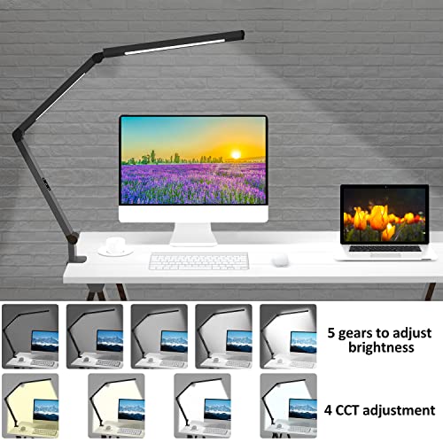 LED Desk Lamp with Clamp, Architect Desk Lamp with Dual Light and Adjustable Swing Arm, Clip-on Eye-Care 4 CCT Modes & 5 B...