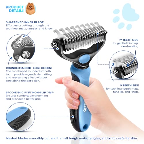 Undercoat Rake for Dogs & Cats, Dematting Comb with Extra Wide Double-Sided Stainless Steel Teeth for Detangling, Desheddi...