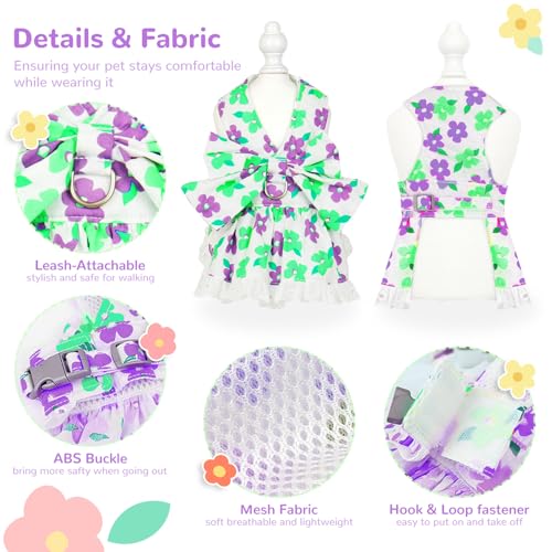 ABRRLO Dog Harness Dress Leash Set for Small Dog Summer Clothes Girl Female Puppy Cats Outfits Cute Floral Bowknot Princes...