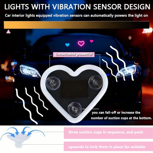 2Pcs Solar Powered Heart Light for Car, LED Wireless Ambient Lamp with 6 Modes & Vibration Sensor Can Automatically Power ...