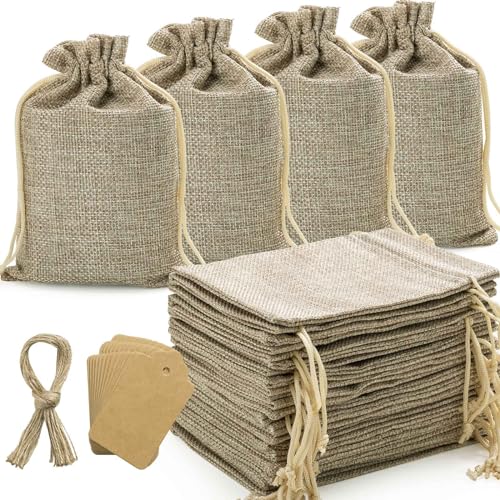 flowsac 25PCS Burlap Gift Bags With Drawstring, 4x6 Small Party Favor Gift Bags, Burlap Linen Sacks Bags for Christmas, Pa...