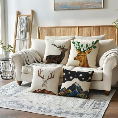 ULOVE LOVE YOURSELF Deer Throw Pillow Case 4 Pack Cotton Linen Cushion Covers,18 X 18 Inch Square Pillow Covers for Home D...