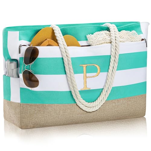YOOLIFE Large Initial Beach Bag Waterproof Tote Zipper Bag Personalized Gifts for Women Her Birthday Travel Beach Essential