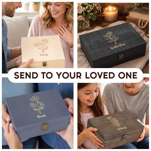 Personalized Birth Flower Memory Box – Custom Engraved Wooden Keepsake Chest with Floral Design | Jewelry, Photos & Mement...