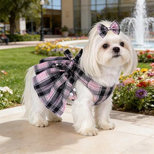 YKYUASD Dog Plaid Dress Harness and Leash Set with Pearls Bow Adjustable Puppy Dress Mesh Vest Bow Knot Pet Clothes for Cu...