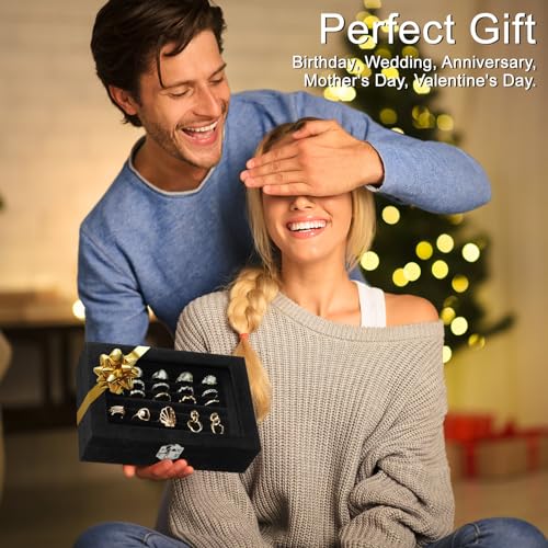 Jutieuo Velvet Ring Organizer Box, 7 Slots Jewelry Holder with Glass Lid Earring Display Tray Storage Case Gift for Women ...