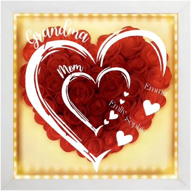 XSGIFTS Personalized Mom Grandma Flower Shadow Box With LED Light, Custom Rose Heart Frame With Kids Names, Mother's Day B...